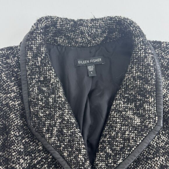 Eileen Fisher Tweed Coat Jacket Womens Wool Blend Leather Trim Long Lined Sz L - Picture 8 of 11
